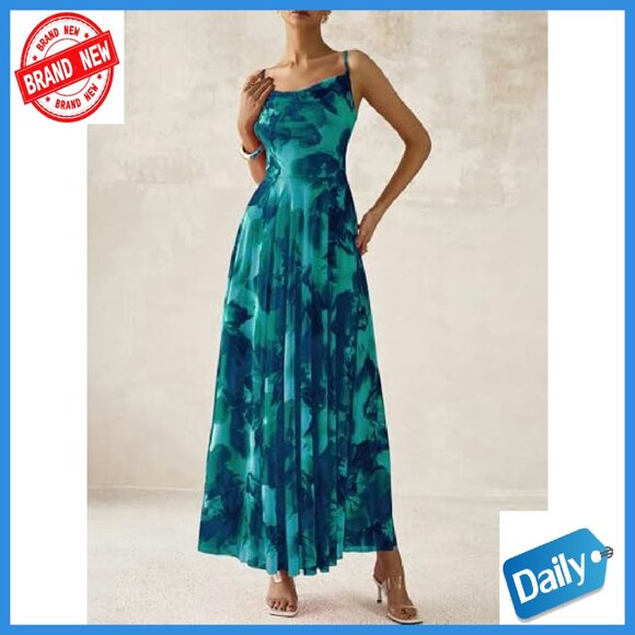 Spaghetti Strap Maxi Dress Lightweight Mesh Floral Print Party Beach - Picture 3 of 8